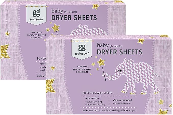 Grab Green Baby Laundry Dryer Sheets, 160 Sheets, Dreamy Rosewood Scent, Plant and Mineral Based, Compostable, Softens Clothing and Linens, Reduces Static Cling