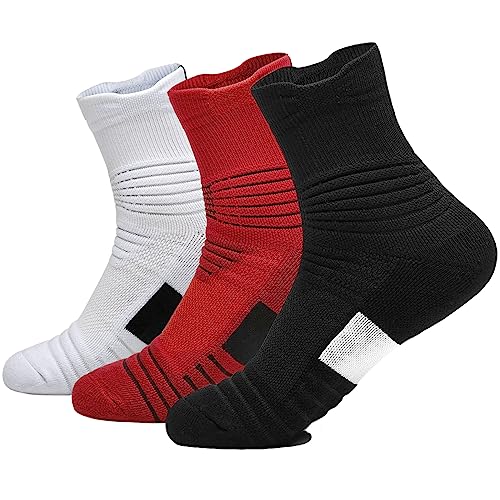 Yoknatt - Yoknatt 3 Pack Black White Red Compression Basketball Socks Cushioned Athletic Crew Outdoor Active Running Cycling Ankle Sock for Women Men Youth Boys Girls - -20%
