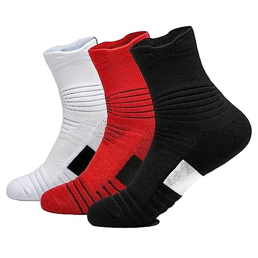 Yoknatt 3 Pack Black White Red Compression Basketball Socks Cushioned Athletic Crew Outdoor Active Running Cycling Ankle Sock for Women Men Youth Boys Girls