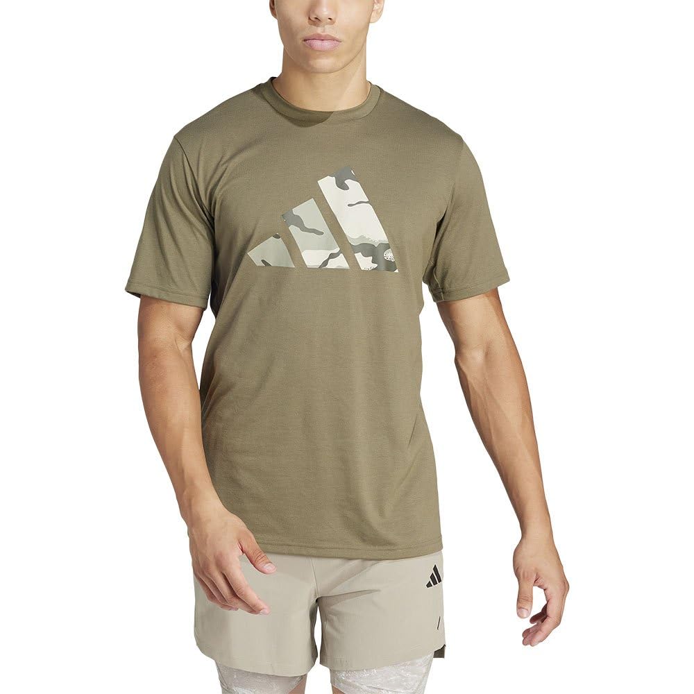 adidas Men's Train Essentials Seasonal Brand Love Camo Tee, Olive strata/Dark Blue, S