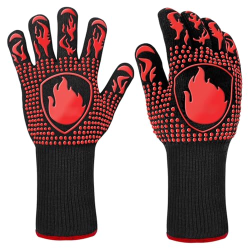 耐熱グローブ キャンプ 鍋つかみ 耐熱ミトン 5本指 オーブングローブ バーベキューグローブ クッキンググローブ 800℃最高耐熱温度 やけど防止 滑り止め 男女兼用 着脱簡単 料理用手袋 BBQ/電子レンジ/オーブンに最適 2枚セット