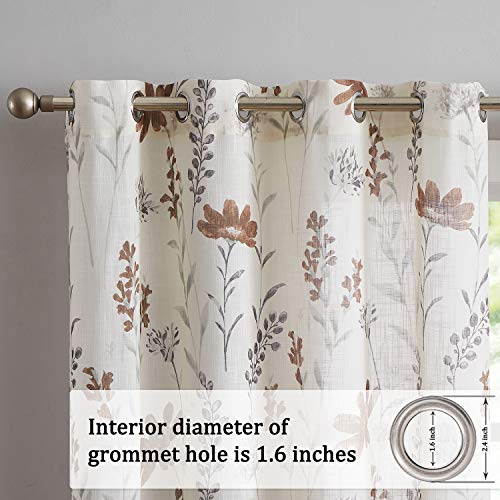 July Joy Printed Sheer Curtains Linen Textured Tier 36-Inches Floral Leaf Design Farmhouse Style Window Panel Drapes Set Grommet Treatment For Basement Loundry Room Café, 52 X 36 Inch, Brown #TOP2