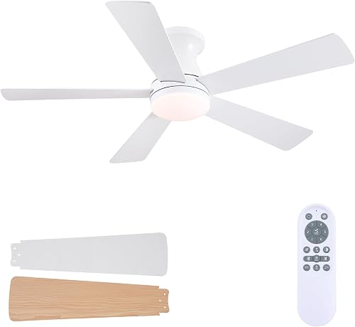 Mpayel 46" Modern Flush Mount Ceiling Fan with Lights and Remote, White | Quiet DC Motor, 6 Speeds, Reversible Airflow, Dimmable 3CCT LED Light, 1H/2H Timer, Wooden Blades, Low Profile Ceiling Fan