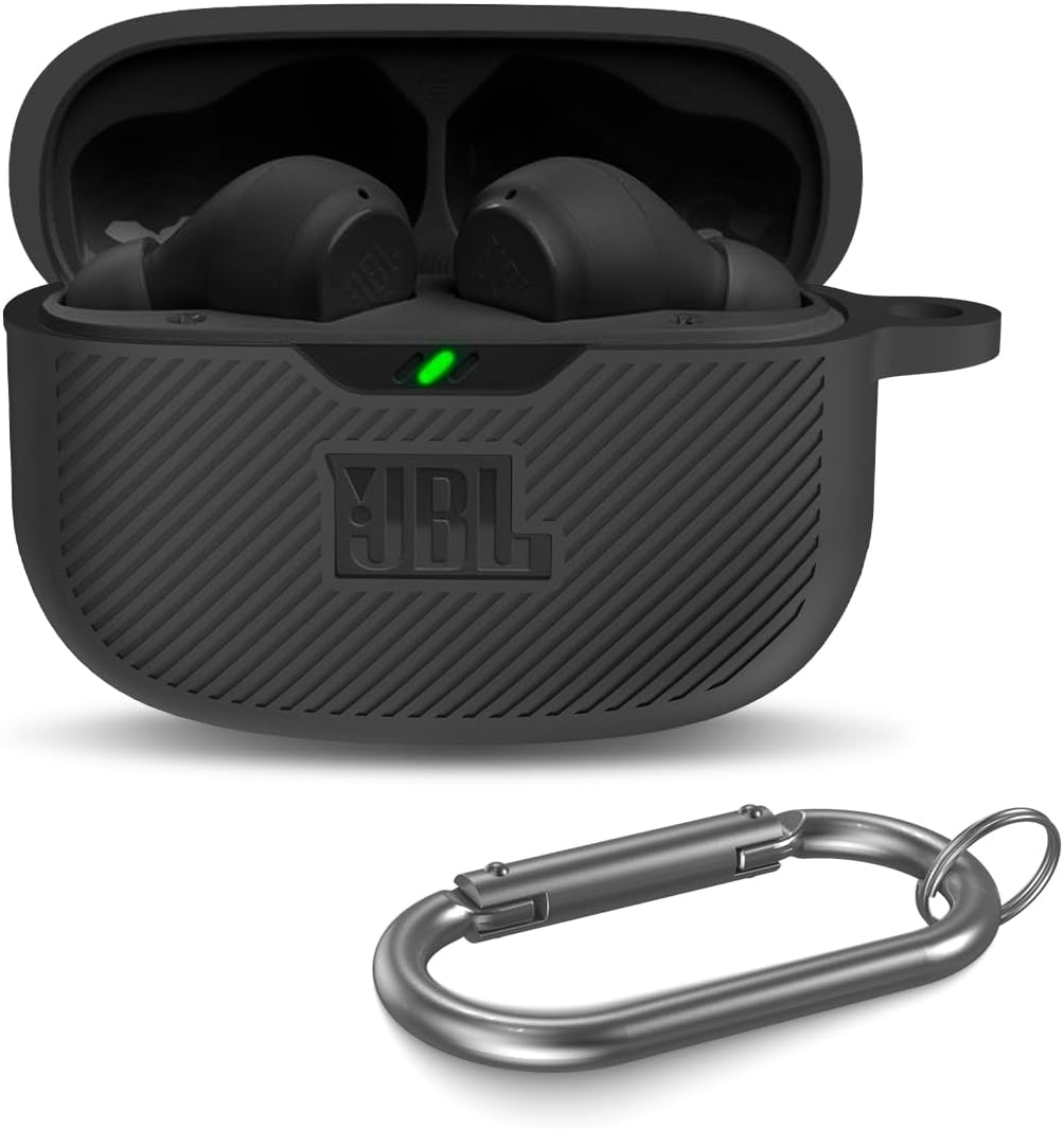 Funda para JBL Vibe 200TWS & Beam, Protectora de Silicona Antiarañazos, Resistente a los Golpes, Logotipo Visible, Dispositivos Compatibles, Mosquetón-Negro