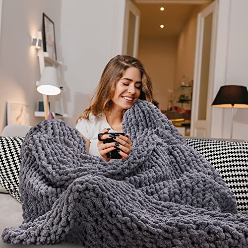 Birchio Dark Grey Chunky Knit Blanket Throw, 100% Hand Knit With Chenille Yarn, Grey Big Throw Blanket, Super Fluffy And Soft #TOP5