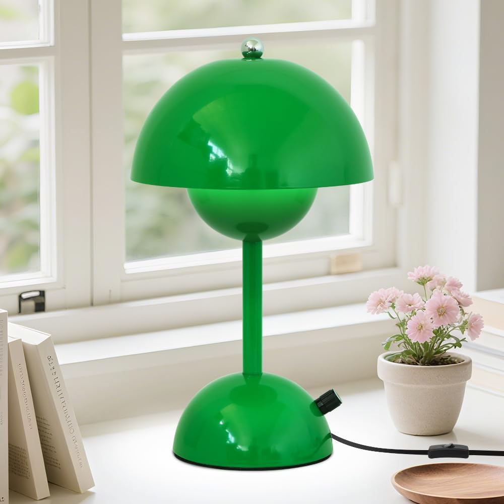 Green Dimmable Mushroom Table Lamp with Rotary Knob,30CM Modern Desk Light for Bedroom Bedside,Office,Living Room,Study,Adjustable Warm White Lighting 4W LED Nightstand Lamp,G45 Bulb Included