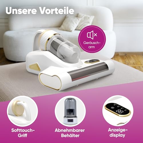 PureSleep Pro Milbensauger für Matratzen [UV-Licht 99,9% Milbenentfernung] 9600 Pa Kabellos 2600 mAh Warmluft Matratzensauger für Allergiker, Bett & Sofa, Weiß