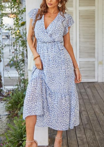 Image of PRETTYGARDEN 2023 Women's Floral Summer Dress V Neck Short Sleeve Ruffle Hem A-Line Boho Maxi Dresses