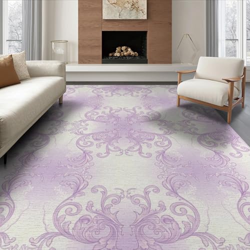 ODIKA 6'x9' Washable Flatwoven Rug, Lavender Vintage Swirl Stain Resistant Large Carpet Non-Slip Chair-Friendly Floor Mat for Dining Room, Under Table, Office | Ref:2001377