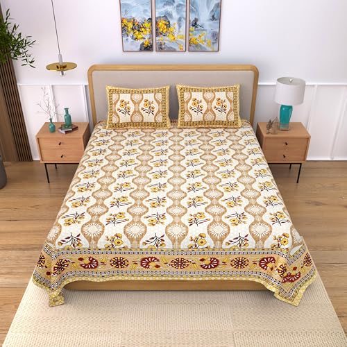 Image of India 100% Pure Cotton Jaipuri Printed Double Bedsheet with 2 Pillow Covers | Traditional Sanganeri Floral Design | Soft Breathable Fabric | King Size Bedsheet for Bedroom (Kaya49)
