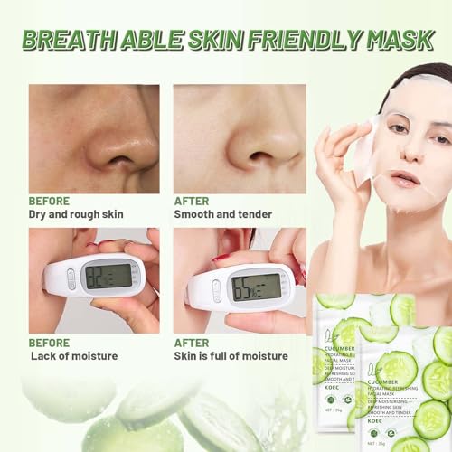 Cucumber Face Mask, 5pc Hydrating Face Masks, Hyaluronic Acid Anti Aging Soothing Brightening Skin Face Sheet Masks,Replenish Moisture Skin Brightening Skin Barrier Repair Moisturising Face Mask - Image 7