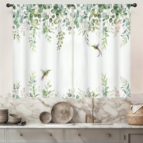 Eucalyptus Sage Green Kitchen Curtains Green Leaves Hummingbird Farmhouse Country Watercolor Plant Floral Small Short Cafe Tier Window Drapes Flower Bathroom Decor(27.5W X 39L Inches 2 Panels)