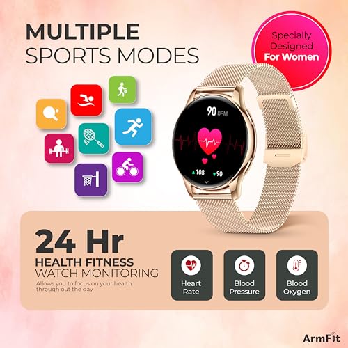 Image of ArmFit Queen Smart Watch With AMOLED Always On Display Smart Watch For Women, BT Calling Waterproof Fitness Watch With Heart Sleep Monitor For Android iOS, Gold