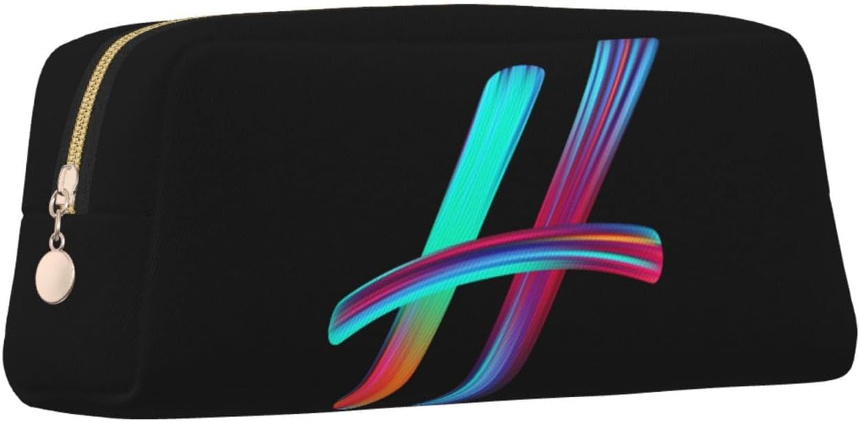 Cute Initial Pencil Case for Kids Simple Leather Pencil Pouch for Boys Girls Letter Design Pencil Box Pen Bag Pencil Pouch Office Stationery Organizer, Rainbow Letter H
