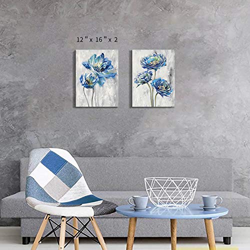 Tar Tar Studio Blue Flower Artwork Canvas Picture: Floral Painting Bloom Wall Art Print On Canvas For Dining Room (12''W X 16''H X 2 Pcs, Multiple Sizes/Material) #TOP1