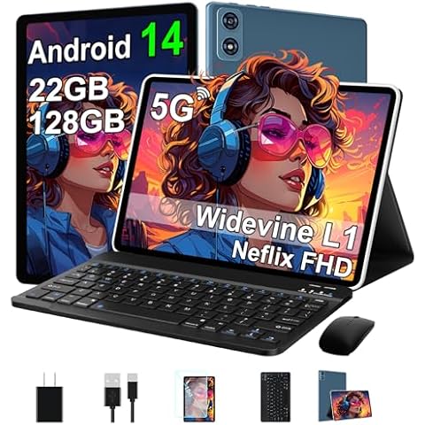 2024 Tablet 10 Inch Android 14 Tablets with Keyboard, 22GB RAM 128GB ROM, Widevine L1, Octa-Core, 8000mAh Battery, 5G Wifi, HD IPS Display, TF 1TB, GPS, Mouse, Case, Split Screen, Metal Body -Blue Cover