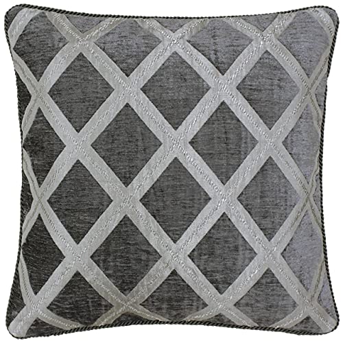 Riva Paoletti Hermes Cushion Cover - Graphite Grey - Chenille Fabric - Reversible Geometric Diamond Design - Soutache Braid Edges - 100% Polyester - 45 x 45cm (18" x 18" inches) - Designed in the UK
