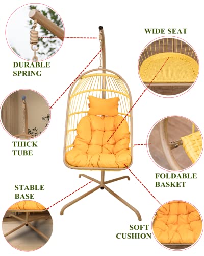 Indoor Outdoor Egg Chair With Stand And Oxford Cover Folding Patio Wicker Hanging Swing Chair (Yellow) #TOP1