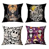 OceanCube Halloween 4PCS Throw Pillow Cover Cartoon Jack and Sally Cute and Lovely Cushion Cases The