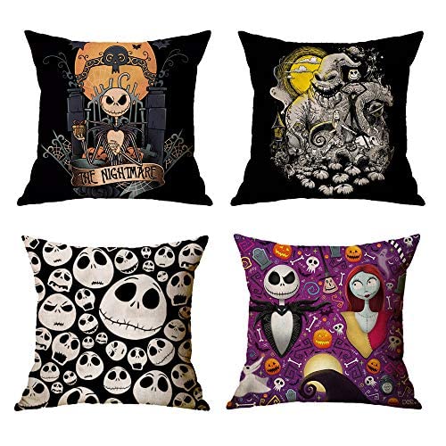 Oceancube Halloween 4Pcs Throw Pillow Cover Cartoon Jack And Sally Cute And Lovely Cushion Cases The Nightmare Before Christmas Decorative Pillowcases 18''X18'' #TOP20