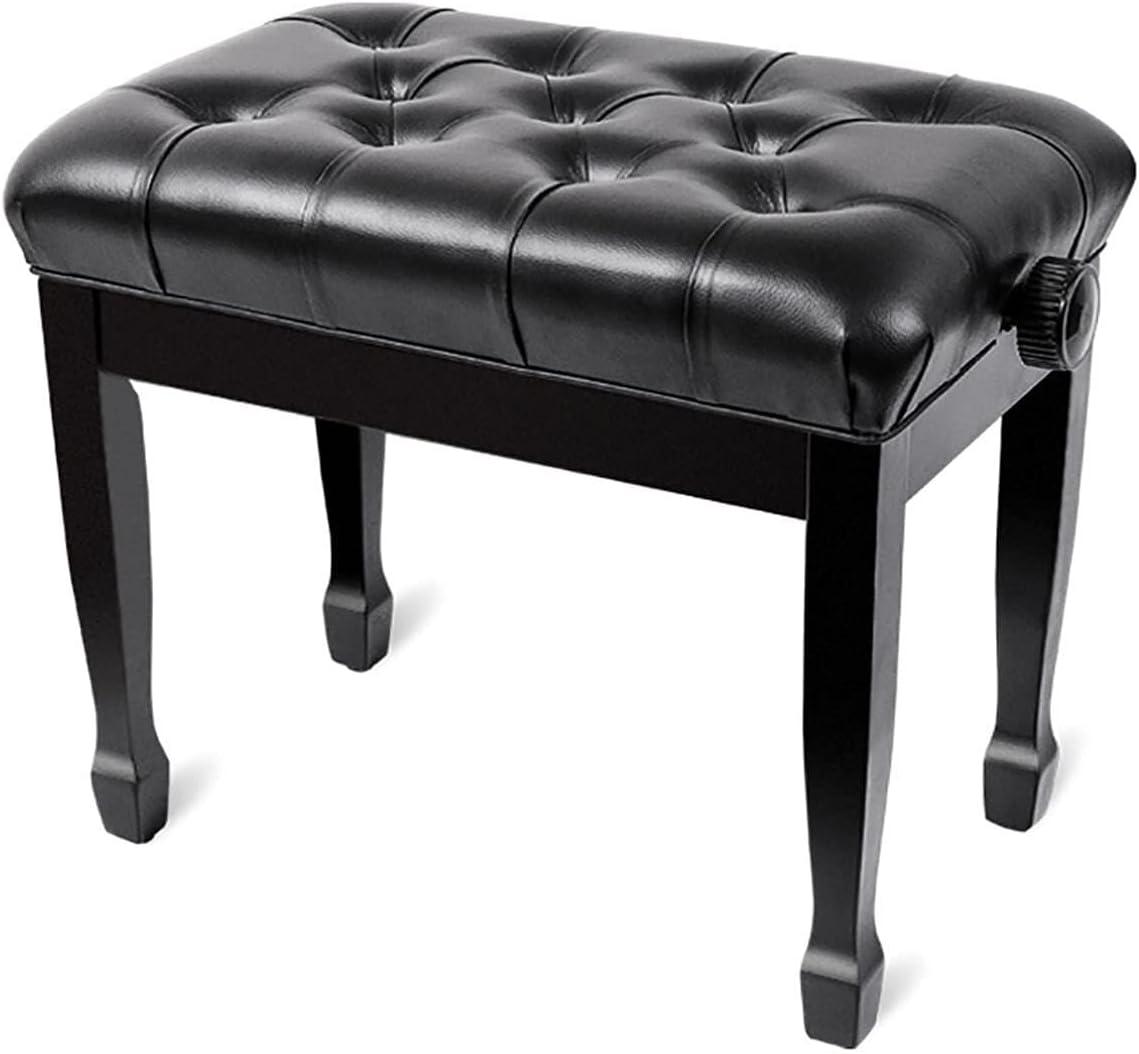 Genuine Leather Piano Stool with Adjustable Height, Padded Cushion with High Resilience Sponge, 65X34X47-57Cm, Black, Comfortable for Piano, Keyboard, and Dressing Table,Black
