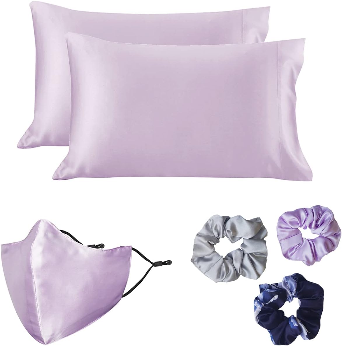 Milano Home Two-Pack Silk Satin Pillowcases Set for Hair & Skin Cool and Easy to WASH Standard Size 28x18 with Envelope Closure (Purple) | Free Satin Face Mask + 3 Scrunchies