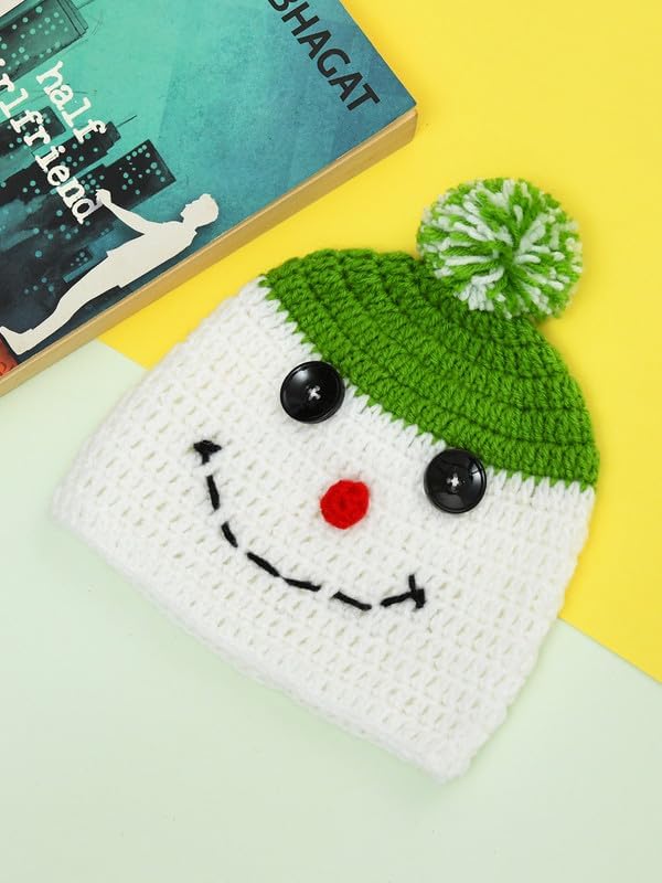 Image of Handmade Knitted Self Design Woolen Beanie Cap for Kids - White & Red 6-12 M | Winter Cap for Baby | FUNCAP56-6-12 M