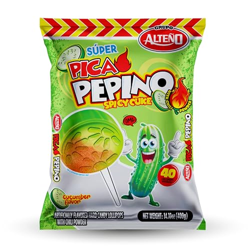 Alteño (Alteno) Super Pepino Cucumber Chili Lollipops, Mexican Style Spicy Candy, Individually Wrapped, 40 Count