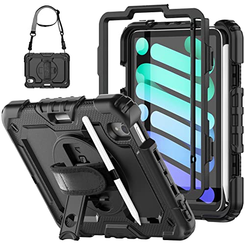 SEYMCY for iPad Mini 6 Case 8.3 inch 2021, Shockproof Case with Screen Protector, Charging Pencil Slot, Folding Stand, Hand & Shoulder Strap, Kids Case For iPad Mini 6th Generation, Black