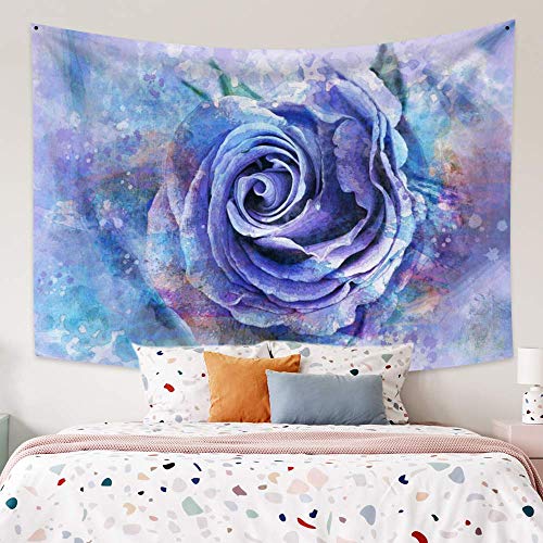 Oerju 59.1X39.4 Inches Beautiful Flower Blue Blossom Rose Green Leaves Watercolor Painting Art Gift For Lovers Valentines Day Abstract Tapestry Wall Hanging Home Decor #TOP10