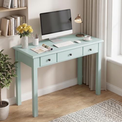 STHOUYN Home Office Small Writing Desk with Drawers Bedroom, Study Table for Adults/Student, Vanity Makeup Dressing Table Save Space Gifts Green (Light Green)