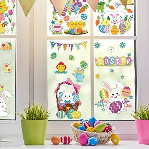LOKIPA Easter Window Stickers,6 Sheet Easter Bunny Window Clings Decorations for Easter Window Display