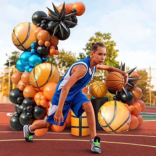 Basketball Balloon Arch Garland Kit, 100Pcs Basketball Party Balloons Orange Blue Balloon Garland For Boys Birthday Party Sports Party Gender Reveal Graduation With 4D Starburst Balloons #TOP3