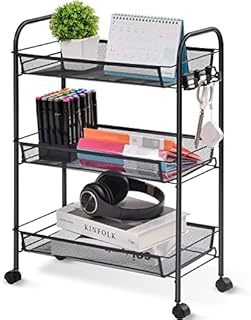 APEXCHASER 3-Tier Rolling Cart,Easy Assemble Mobile Storage Trolley On Wheels,Slide Out Utility Cart Shelving Units Kitchen Bathroom Laundry Room,Black