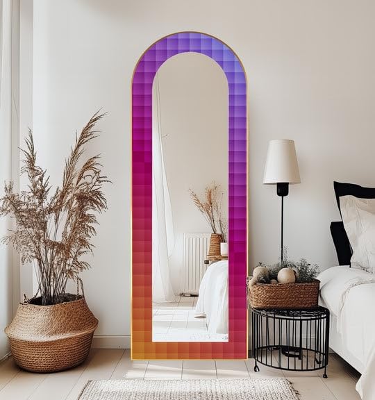 23,5’’W x 67’’H PixelGlow Spectrum – Full-Lenght Stained Floor Mirror Arched Full Lenght Mirror - Arch Full Body Stained Floor Mirror with Black Frame with Silver Frame