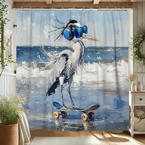 Duschvorhang mit Skateboard-Vogel, buntes Reiherkunst, Badevorhang für Stranddekoration, Sommer, lebendig, modern, lustig, Stoff, Duschvorhang-Set mit Haken, 157 x 183 cm