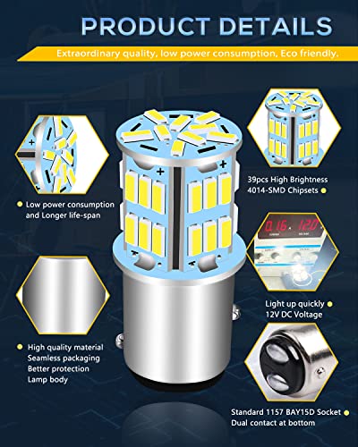 Unxmrff 1157 Car Light Bulb 2057 Bay15D Led Bulbs White Super Bright 4014 39-Smd 7528 2357 Led Bulb Replacement For Camper Trailer Car Tail Brake Lights, Back Up Daytime Running Lights (Pack Of 10) #TOP4