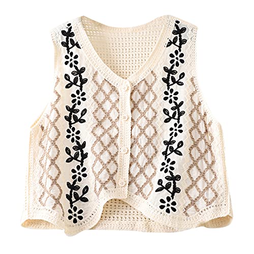 Women Vest, Women Crochet Knit Diamond Sweater Vest Button Up Crop Cardigan Waistcoat Bust:35.43-37.40inch Length:16.54inch Apricot Black