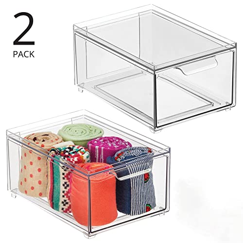 Mdesign Stackable Storage Containers Box With 2 Pull-Out Drawers - Stacking Plastic Drawer Bins For Closet Organization, Linen, Coat, Bedroom Or Entryway Closets - Lumiere Collection - 2 Pack - Clear #TOP1