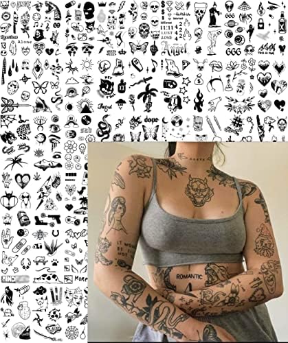 Impressed 48 Sheets Custom Unisex Vintage Patchwork Temporary Tattoos - Small Semi Permanent Minimalist Line Art Black Fake Tattoo for Women and Men - Tiny Adult Hand, Sleeve, Finger and Neck Tat for Teens - Gothic Aesthetics Design Ink Set, Skull, Skeleton, Moon and Sun, Devil, Butterfly, Snake