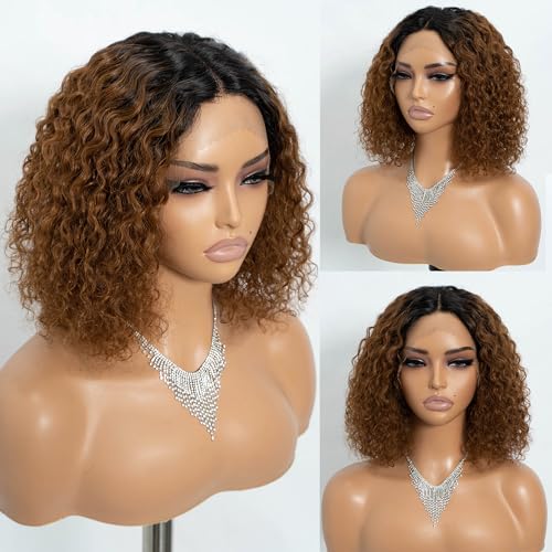 Joedir Short Curly Bob Wig Kinky Curly Lace Front Wigs for Woman Jerry Curl Human Hair Wig Pre Plucked Hairline with Baby Hair (Ombre Brown)