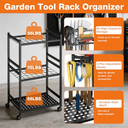 Ganweetech Garden Tool Organizer with Wheels, Heavy-Duty Yard Tool Rack with 3 Side Hooks, Holds Up to 40 Long-Handled Tools, Metal Garage Tool Storage for Lawn & Outdoor Organization by Ganweetech - Used condition - Image 3