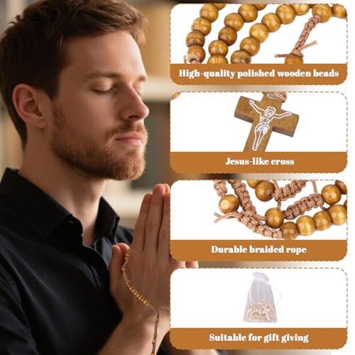 60 Pack Rosarios Catolicos Necklace, Wooden Rosary Beads Necklace with rganza Bags, Rosarios in Bulk Carved Cross Gift Set for First Communion Baptism, Rosary Beads Catholic for Men Women3