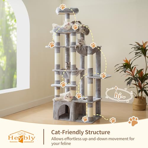Heybly Kratzbaum, 180 cm Kratzbaum Groß mit extrem Stabiler Basis, XL-Plattform, großes Katzenhaus, 2 Hängematten, mehrstöckige Katzenmöbel für Maine Coon und andere Großkatzen, Hellgrau HCT037W