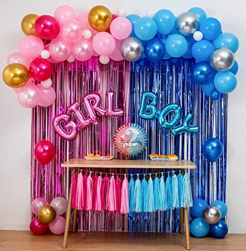 Boy Or Girl Gender Reveal Party Decoration Set,&Balloons Arch Garland Kit(Blue Silver Pink Gold),Foil Balloons,Metallic Fringe Curtains,18 in gender reveal balloons,Paper tassel Garland,Balloon decoration tools,For Party Photo Backdrop (Pink/Blue) Shower Birthday