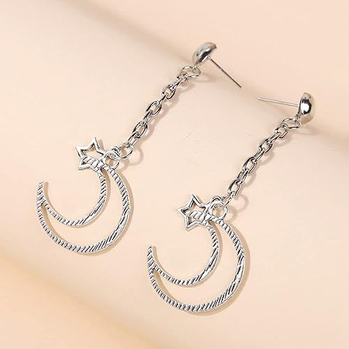 Miniatura 4 de Jumwrit Aretes de cadena con diseño de luna y estrella, aretes colgantes de oro y plata, huecos, mariposa, perla, serpiente, corazón, disco, oreja,
