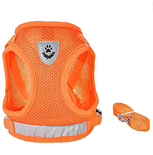 Image of FEimaX Dog Harness and Leash Set for Walking, Soft Mesh Adjustable Easy Control Lightweight Cat Vest Harnesses with Reflective Strips, Escape Proof Small Dogs Cats Vests (Orange, Large)