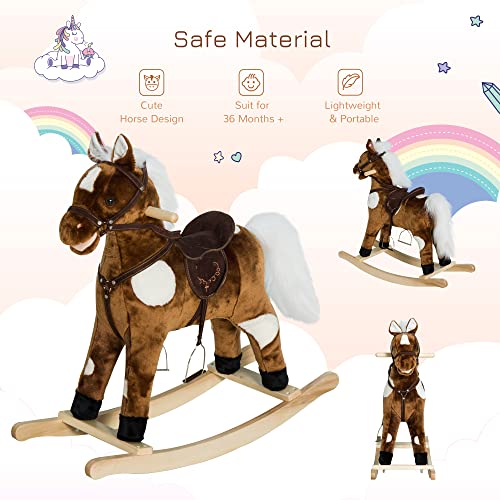 Qaba Kids Metal Plush Ride-On Rocking Horse Chair Toy With Nursery Rhyme Music - Dark Brown #TOP3