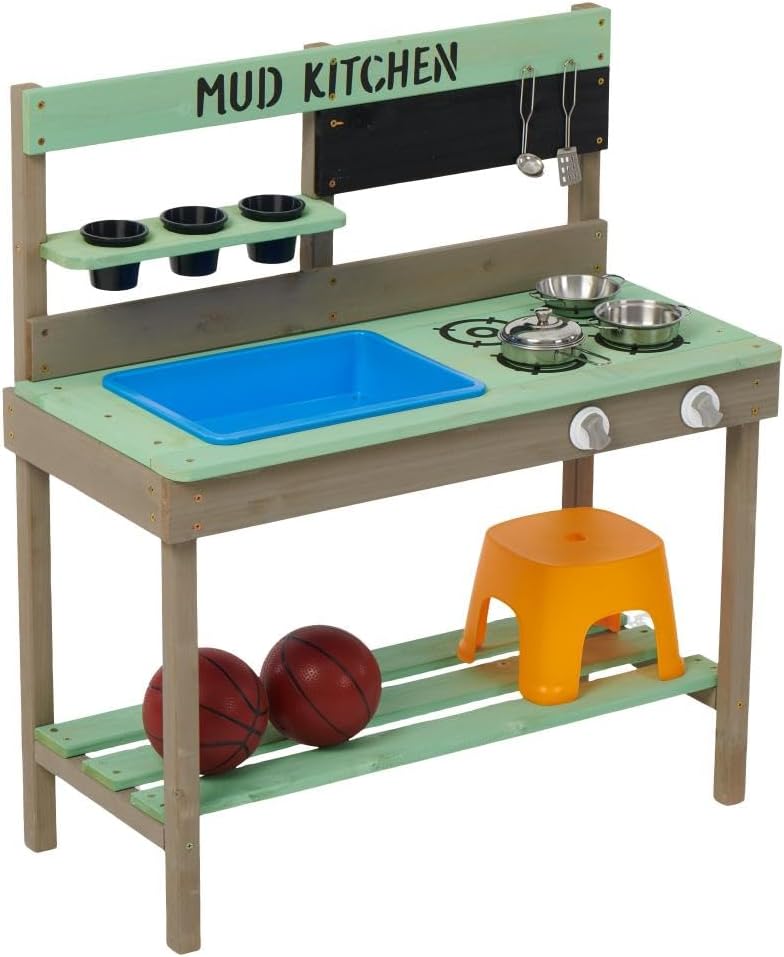 Premium Cedar Wood Outdoor Sand Box with Waterproof Cover and Adjustable Shade Canopy for Backyard Play Area (Mud Ktichen 31 * 15 * 35)