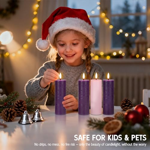 Image of Flameless Advent Candles Set of 4, Real Wax Advent Pillar Candles Battery Operated 9.6 inch, Purple and Pink Christmas LED Candle for Wreath, Christ, Home, Church, Catholic Decoration